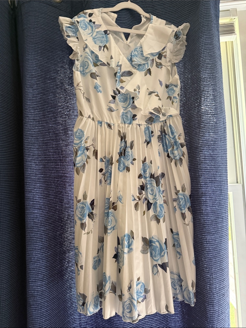 White Floral Pleated Sundress with Blue Roses